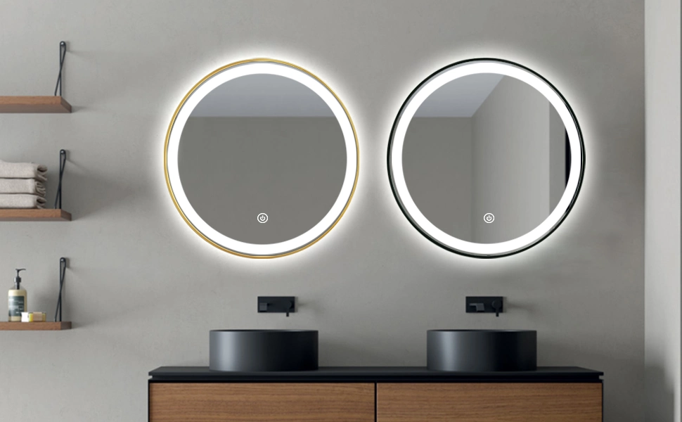 Round Wall Mirror for Bathroom, LED Bathroom Vanity Mirror with Gold Metal Aluminum Frame, Adjustable, Anti-Fog, Dimmable, Memory, Front and Backlit Lighted