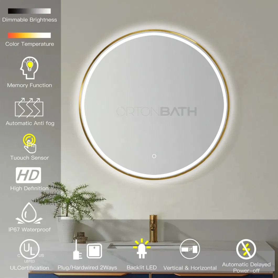 Ortonbath Gole Metal Round Gold LED Mirror, 36 Inch Round Bathroom Mirror with Lights Large LED Circle Mirror Anti-Fog Lighted Vanity Mirror Wall Mirror