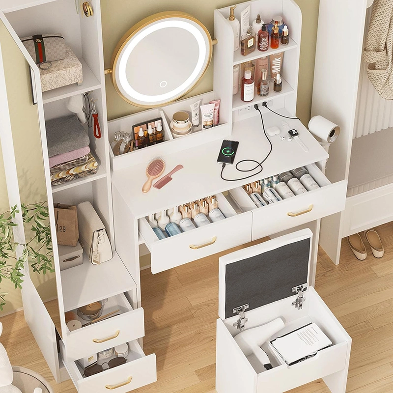 Desk with Mirror and Lights &amp; Full Length Mirror, Vanity Mirror with Lights Desk and Chair &amp; Charging Station, 4 Drawers and Lots Storage Shelves