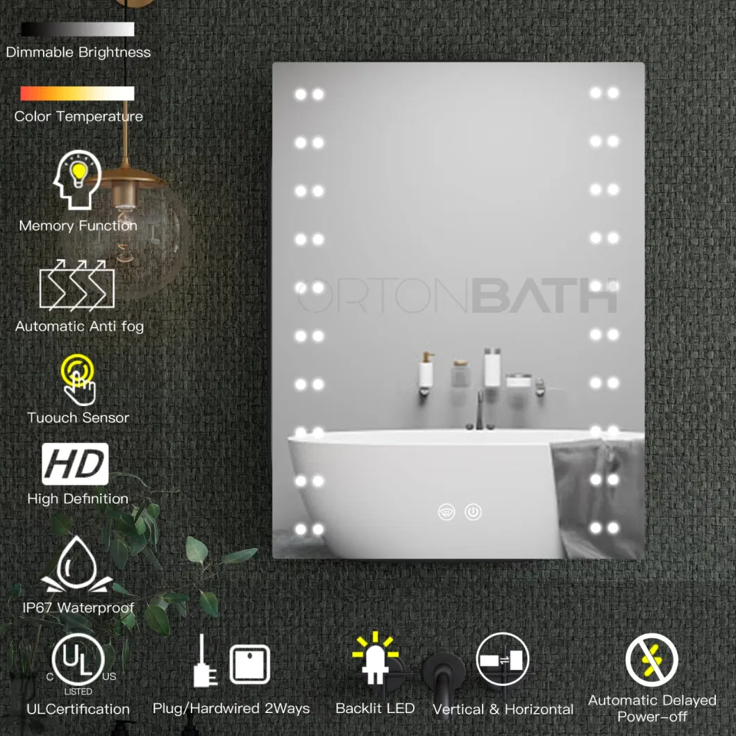 Ortonbath Frameless Frontlit Bathroom LED Mirror Wall Mounted Bathroom Mirrors with LED Light Horizontal/Vertical Anti-Fog Makeup Mirror with Scattered Light