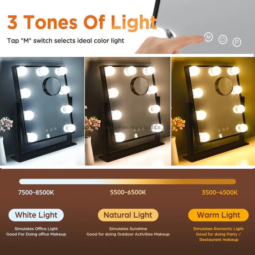 12 LED Dimmable Bulbs 3 Color Modes 1X/10X Magnification Touch Control Large Vanity Lighted Makeup Hollywood Mirror