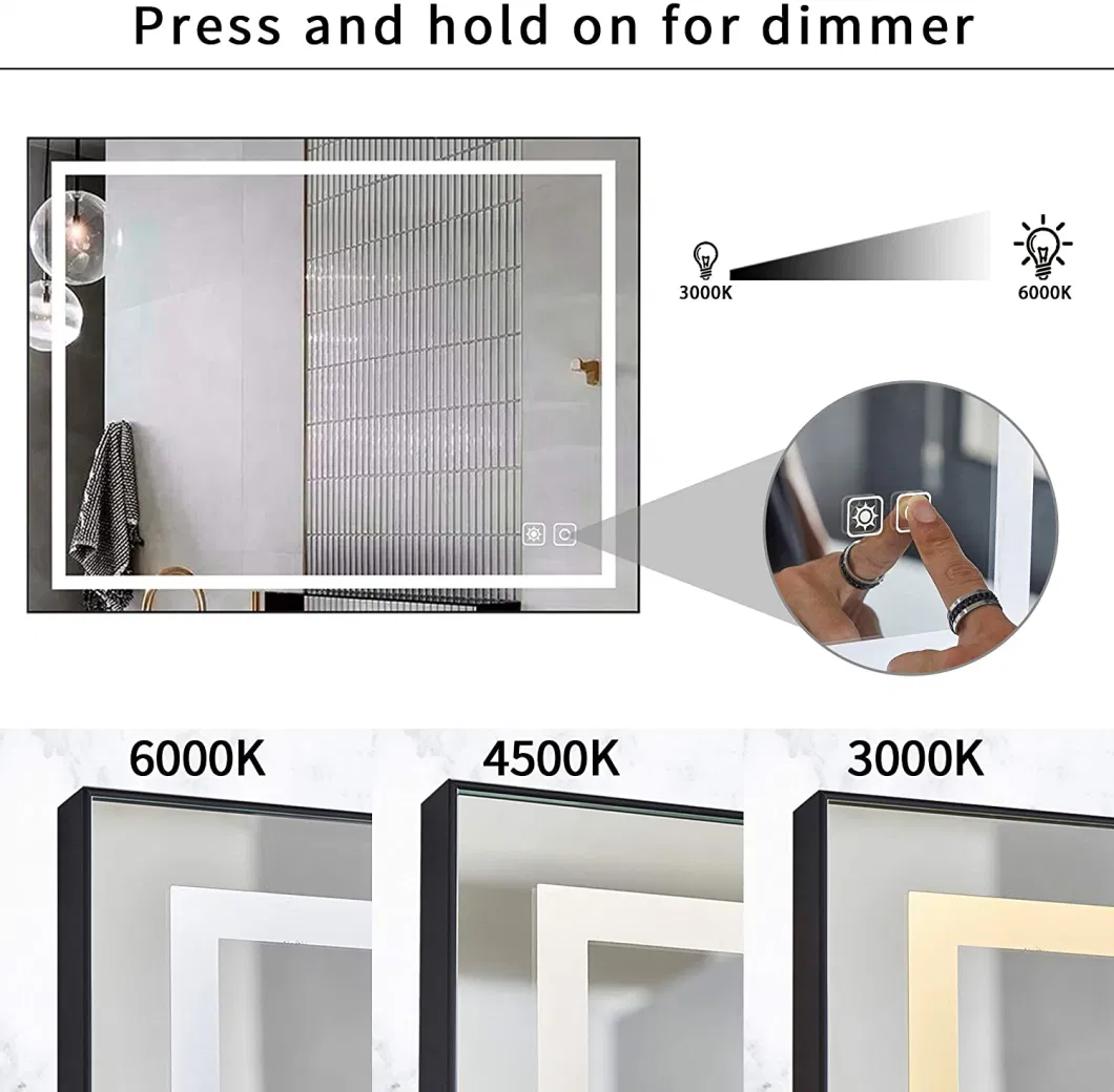 CE UL Certificated Full Length Floor Stand Wall Mounted LED Smart Frameless Rectangular Bathroom LED Mirror with Defogger Dimmer Magnifier