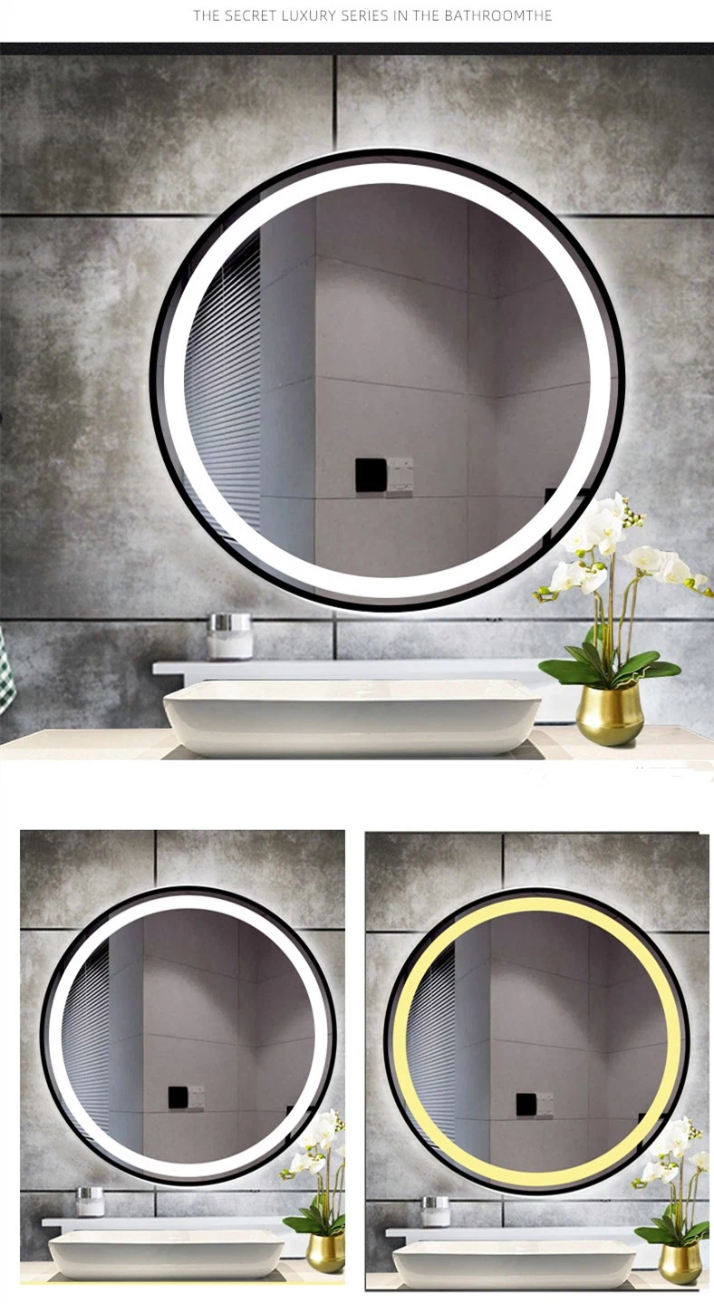 Smart Bathroom Touch LED Luminous Mirror Metal Frame Round Hotel Bathroom Anti-Fog Wall Mirror