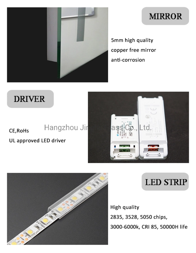 CE UL Certificated Full Length Floor Stand Wall Mounted LED Smart Frameless Rectangular Bathroom LED Mirror with Defogger Dimmer Magnifier