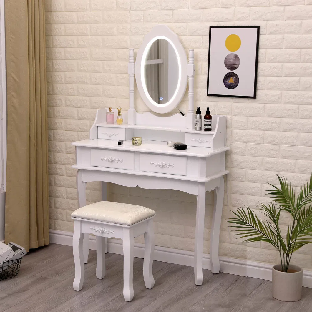 Charming Vanity Table Lights Mirror 4 Drawers Makeup Dressing Desk with Stool Set White