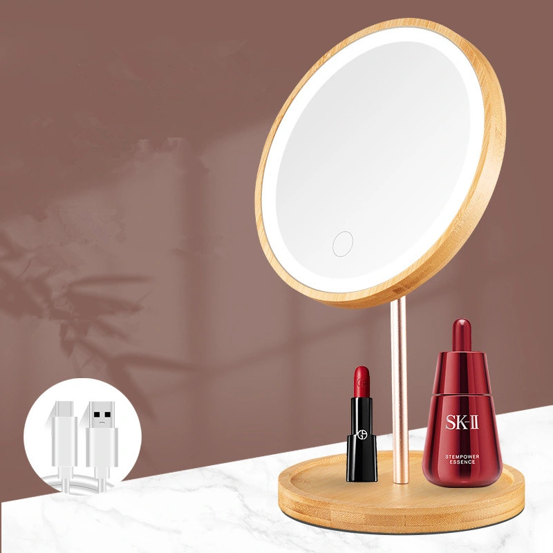 Wooden Desktop LED Makeup Mirror with Light Net Red Home Desktop Dressing Beauty Makeup Supplement Light Daylight Charging Desk Lamp