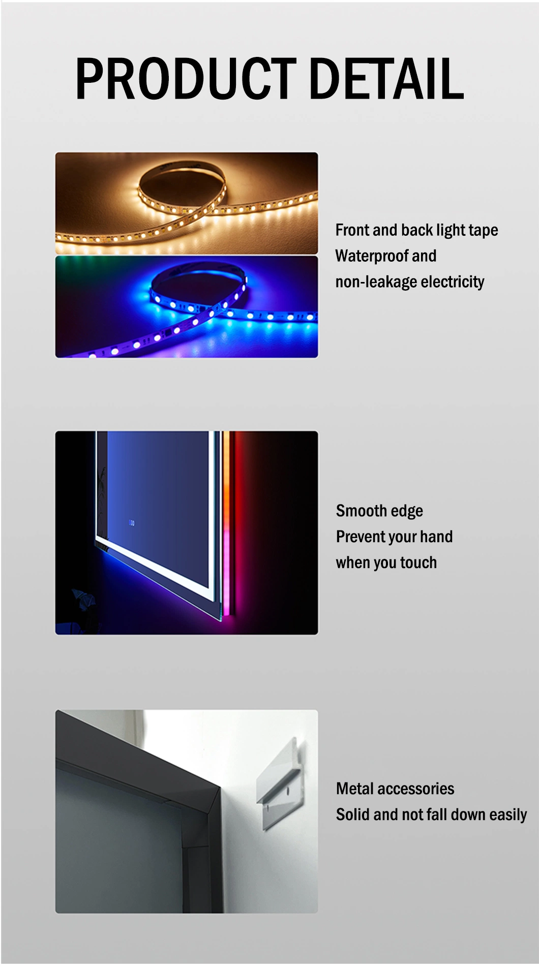 Backlit Rectangle Bathroom RGB LED Color Changing Mirror Frameless Bluetooth Music Smart Wall Mirror