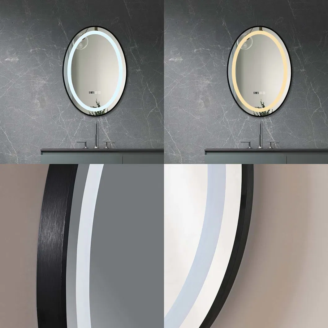 Modern Style Ellipse Matte Black Metal Frame Edge Lit Illumiated Bathroom Mirror