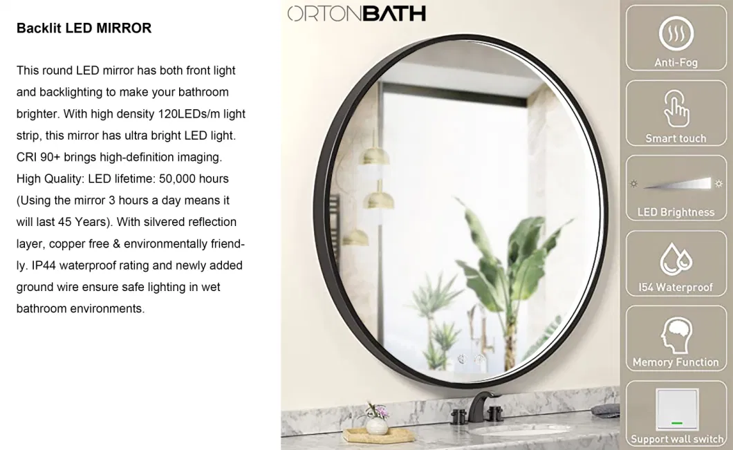 Ortonbath Modern Round Black Metal Frame Vanity Glass LED Mirror with Light, 6000K, Wall Mounted, Anti-Fog Unfoldable LED Bathroom Mirror