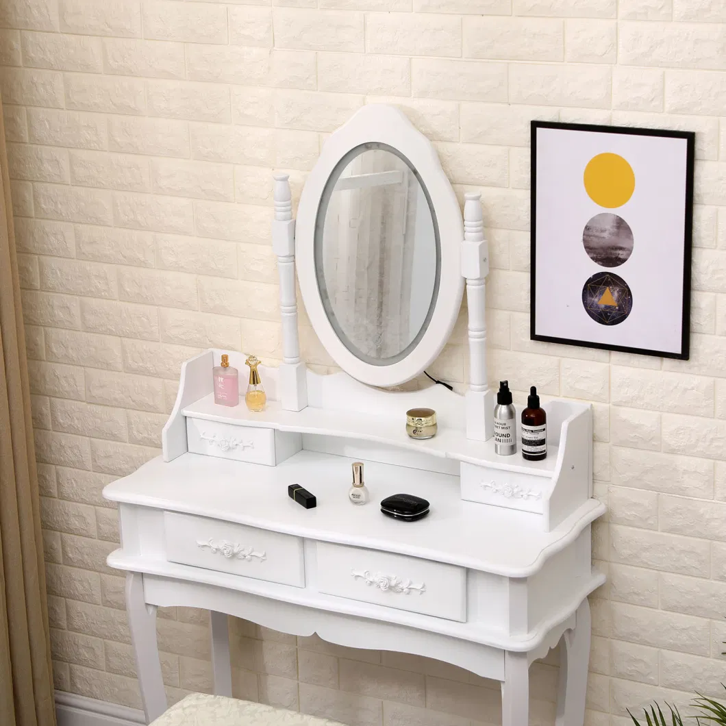 Charming Vanity Table Lights Mirror 4 Drawers Makeup Dressing Desk with Stool Set White