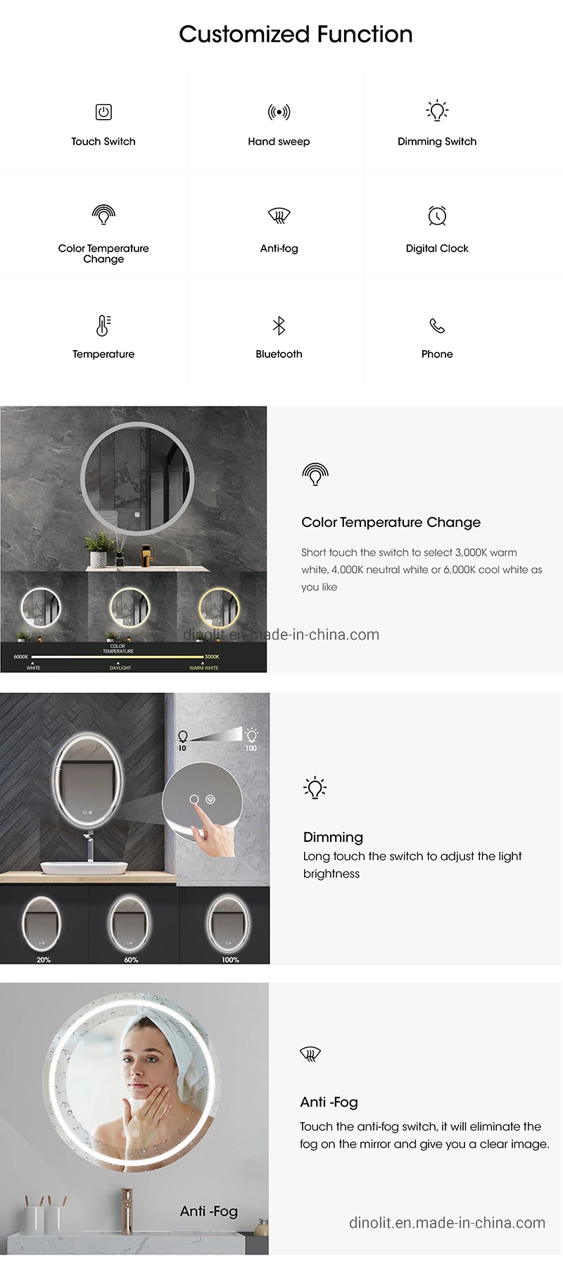 IP44 Round Smart Frameless Bathroom Mirror Illuminated Bath Vanity Mirror with LED Light/ Touch Switch /Defogger 220V/110V CE ETL