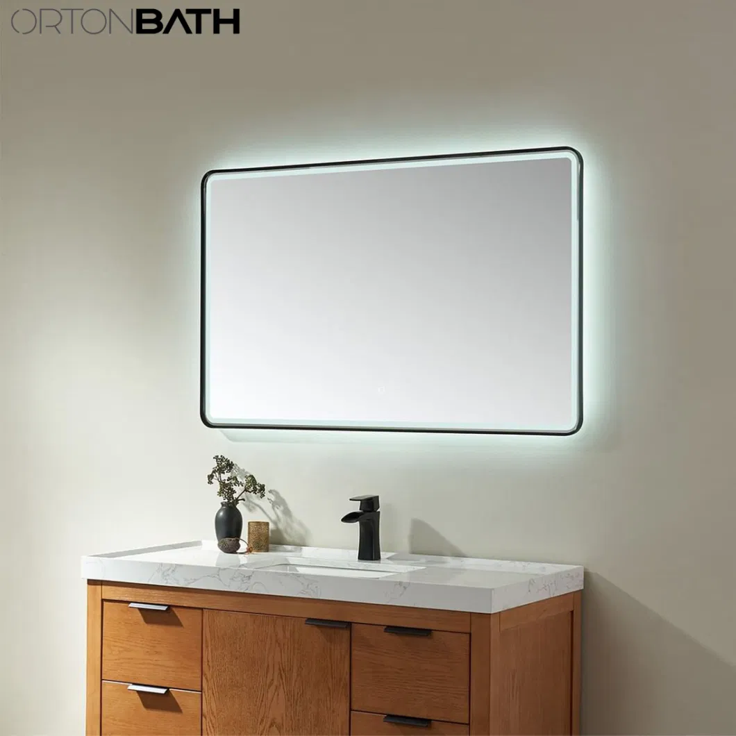 Ortonbath Solid Walnut Wood Framed LED Bathroom Mirror, Wall-Mounted Vanity Makeup Lighted Mirror, Anti-Fog, Dimmable Lights, Waterproof Mirror