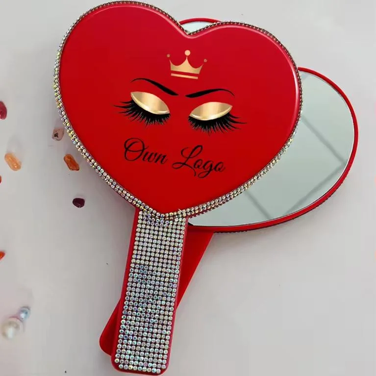 Pink Heart Diamond Studded Hand Held Mirror Logo Custom Bling Design Plastic Multicolor Makeup Mirror or Women Girl Cosmetic