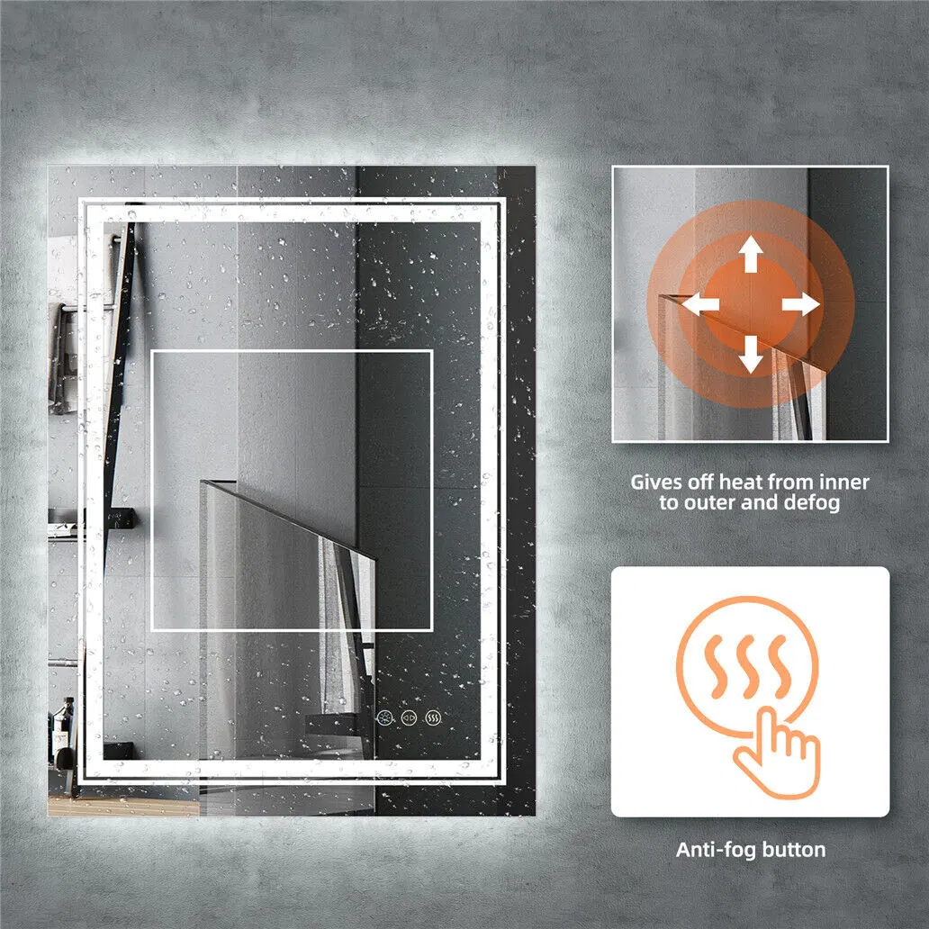 Large Bathroom Wall Mirror with LED Lights, Demister Touch Sensor Rectangular