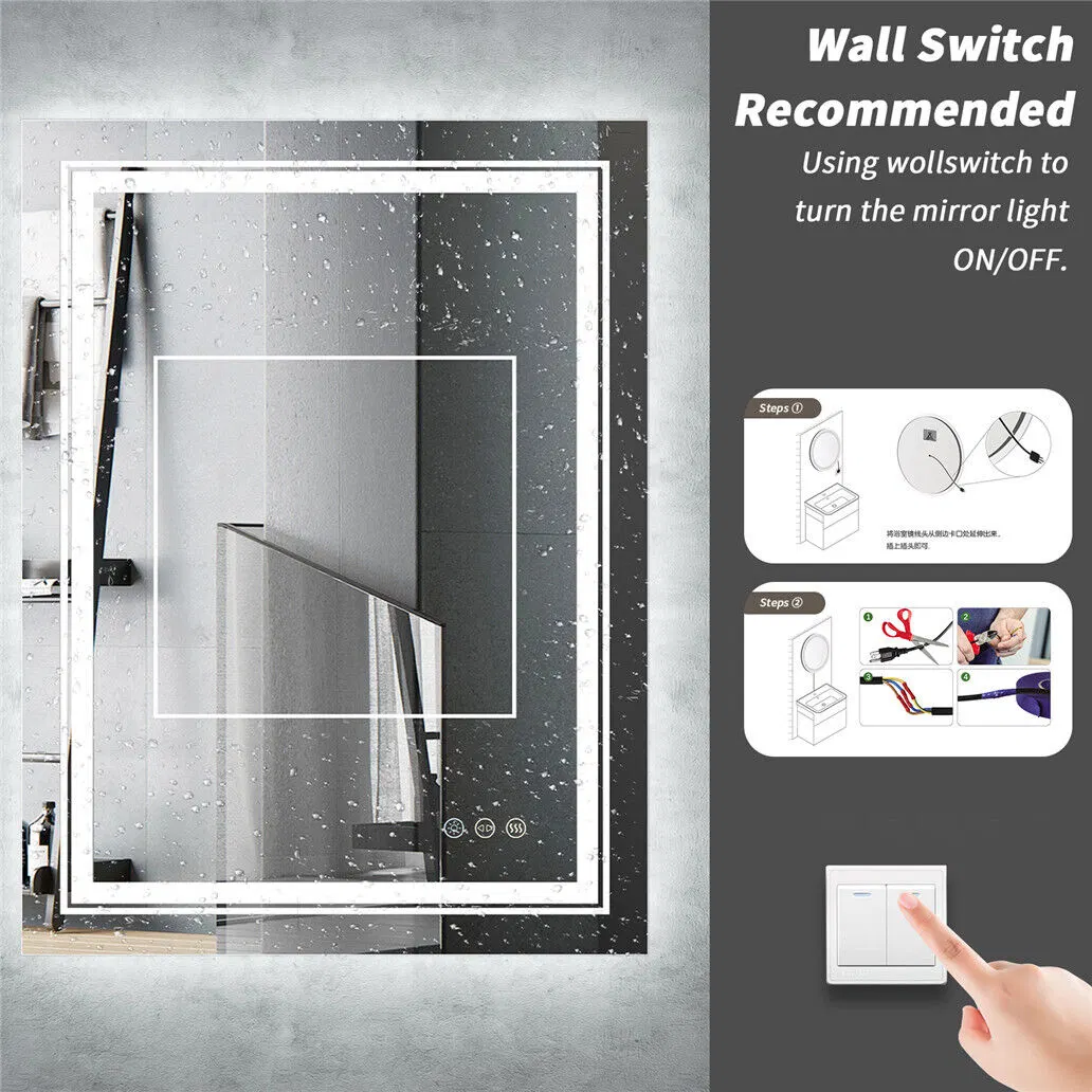 Large Bathroom Wall Mirror with LED Lights, Demister Touch Sensor Rectangular