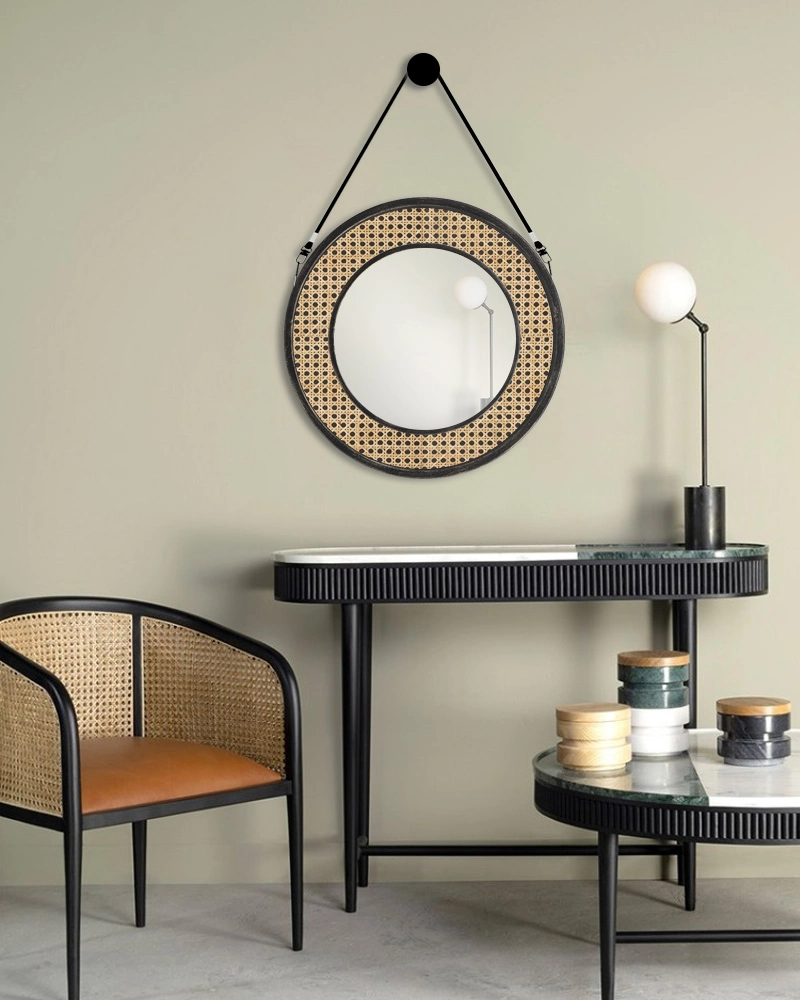 Decorative Home Round Shape Wall Mirror Black Metal Framed Mirror with Rattan Shape