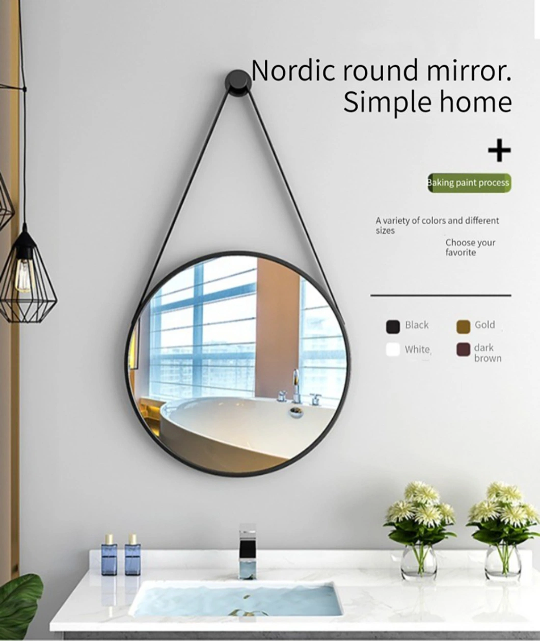 Fashion Modern Style PU Belt Wall Mirrors Home Decor Hanging Mirror Round Decor Wall Mirror