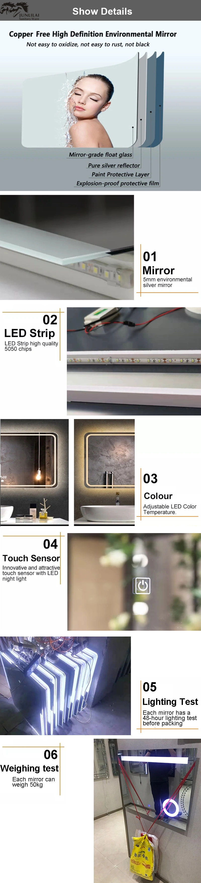 Household Items Silver French Rectangle LED Bathroom Wall Mirror for Wholesale Home Decoration