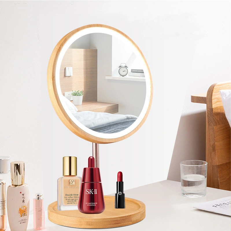 Wooden Desktop LED Makeup Mirror with Light Net Red Home Desktop Dressing Beauty Makeup Supplement Light Daylight Charging Desk Lamp