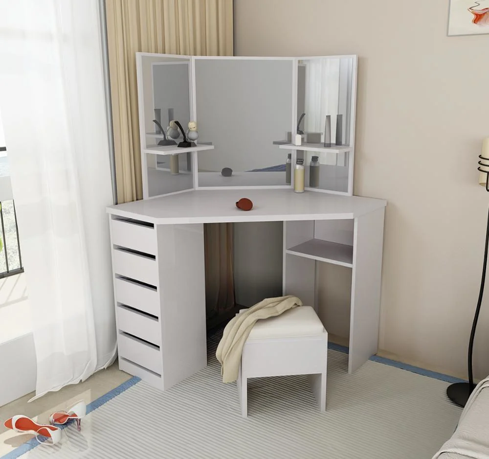 White Bedroom Makeup Vanity Cosmetics Corner Desk with 3 Mirror