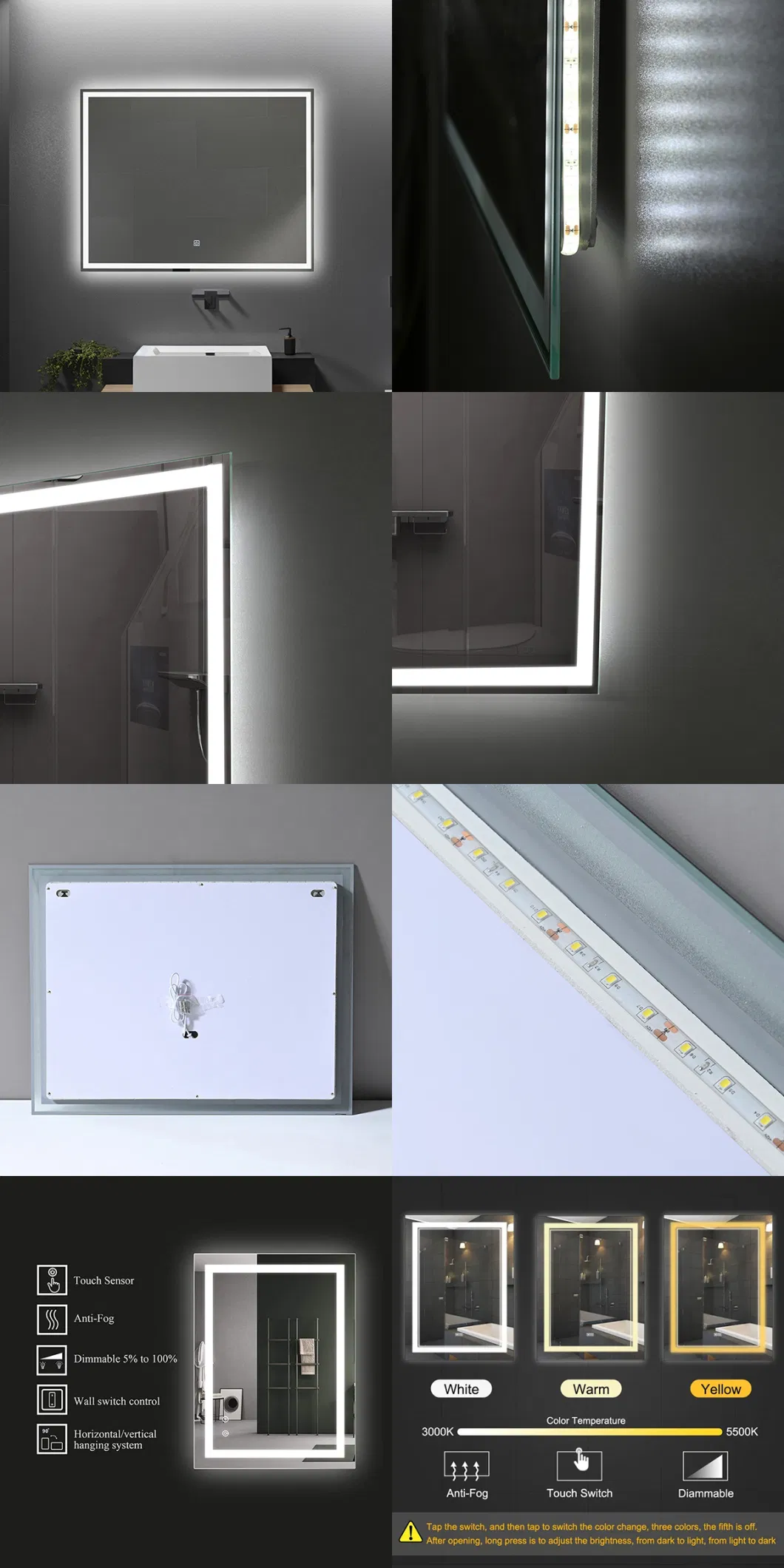 Smart LED Spiegel Washingroom Mirror Frameless Bathroom Illuminated LED Lighting Touch Sensor Square Mirror