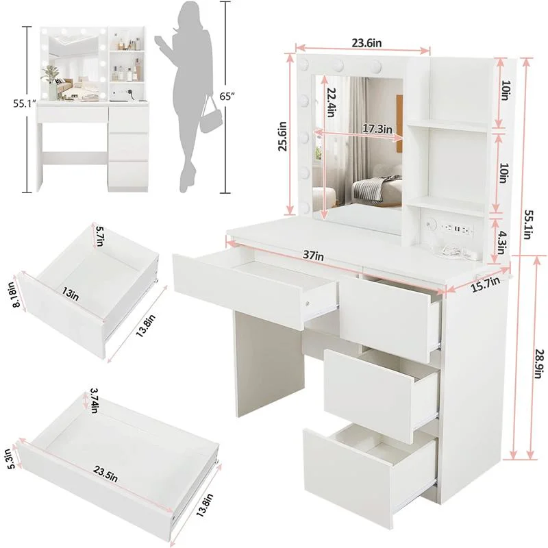 Makeup Vanity with Lights Vanity Desk with Power Strip 4 Drawers Dresser