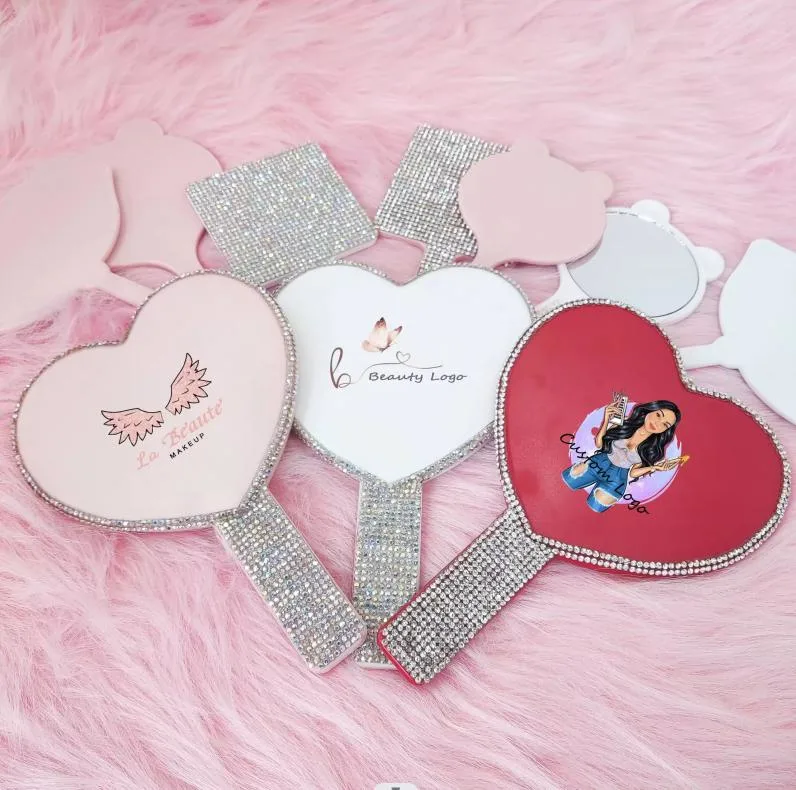 Pink Heart Diamond Studded Hand Held Mirror Logo Custom Bling Design Plastic Multicolor Makeup Mirror or Women Girl Cosmetic