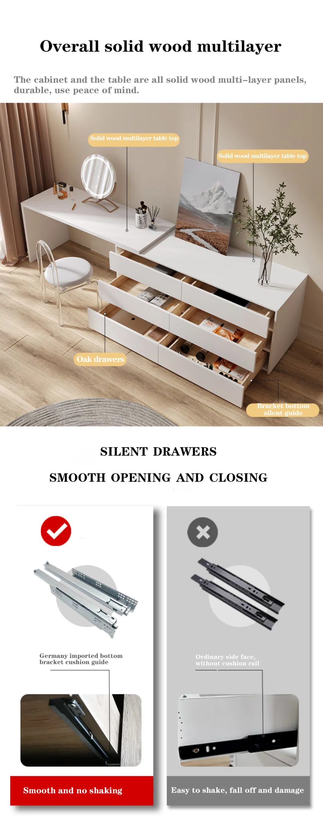 Multi-Purpose Flat L Shape Home Office Computer Desk Dressing Table Mirror Make up Table Wood Drawer Dresser Vanity Set