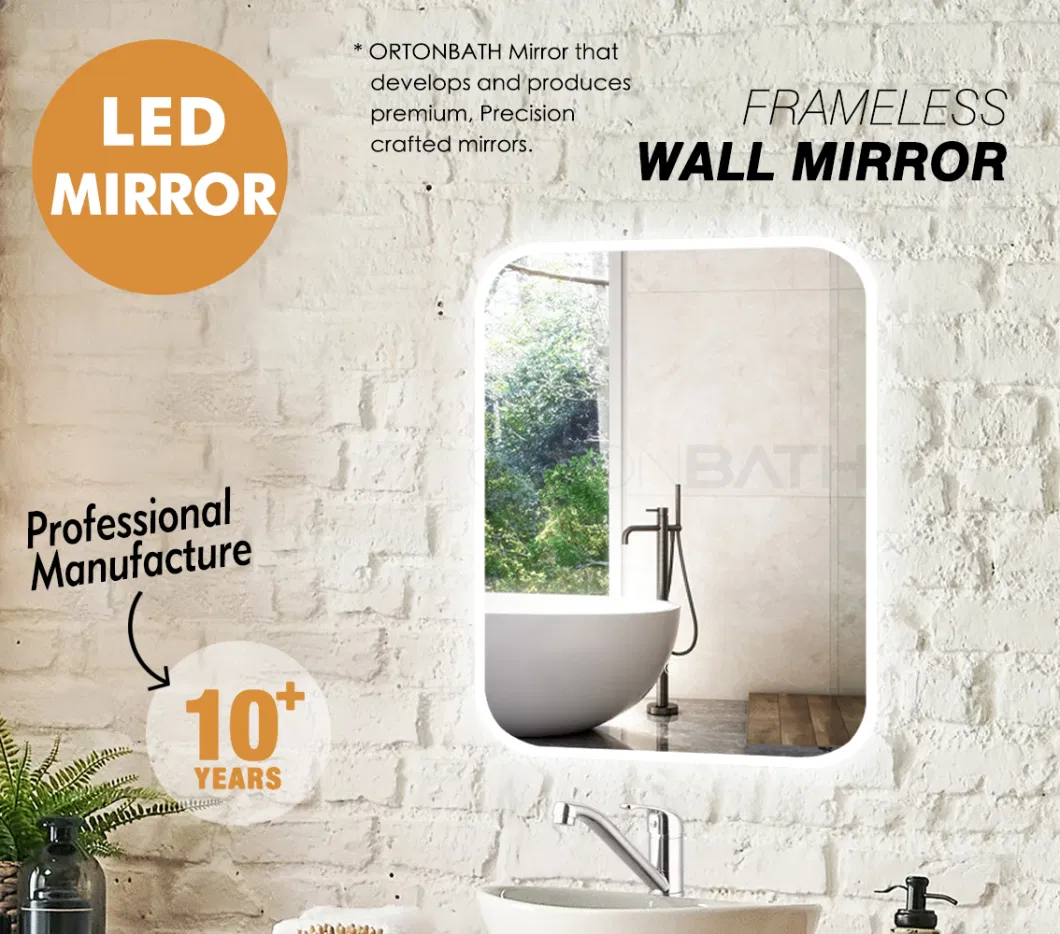 Ortonbath Rectangular Round Corner Rectangular Frameless Backlit Frontlit LED Bathroom Mirror, Wall-Mounted Vanity Makeup Lighted Mirror, Anti-Fog Dimmable