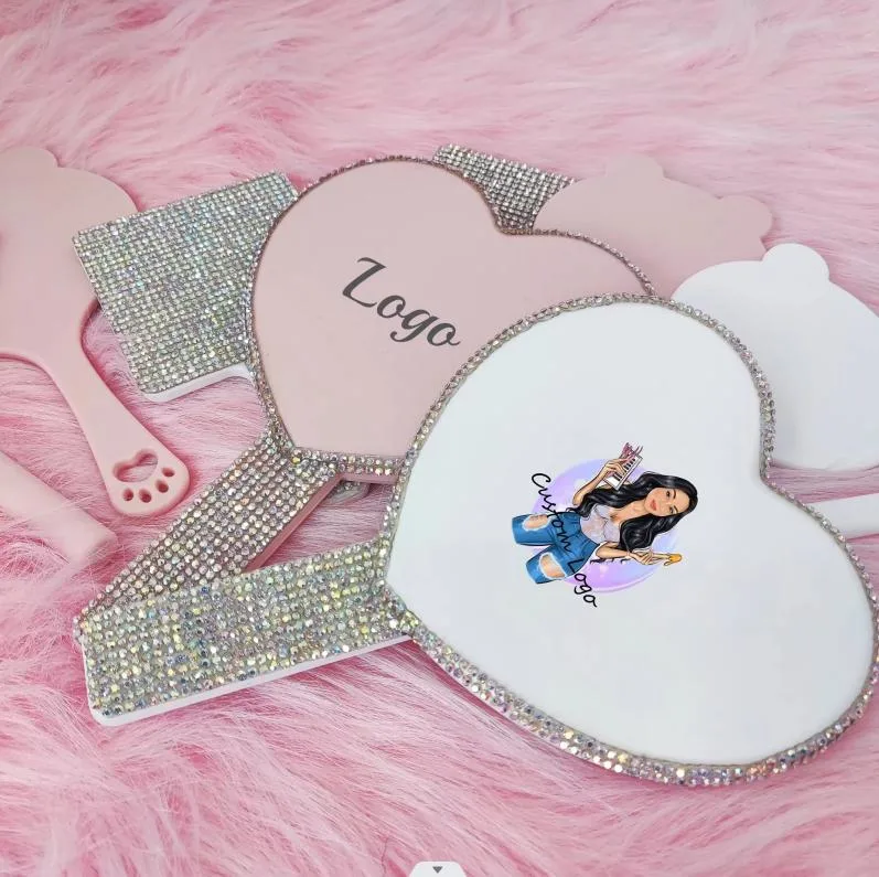 Pink Heart Diamond Studded Hand Held Mirror Logo Custom Bling Design Plastic Multicolor Makeup Mirror or Women Girl Cosmetic