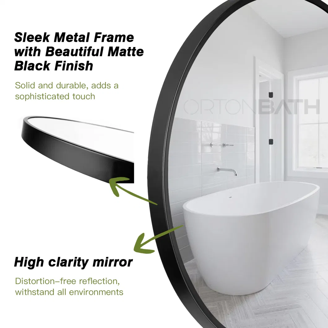 Ortonbath Black Framed Round Mirror, Wall Mounted Circle Mirror with Metal Frame, Suitable for Bathroom, Vanity, Entryway with LED Lighting