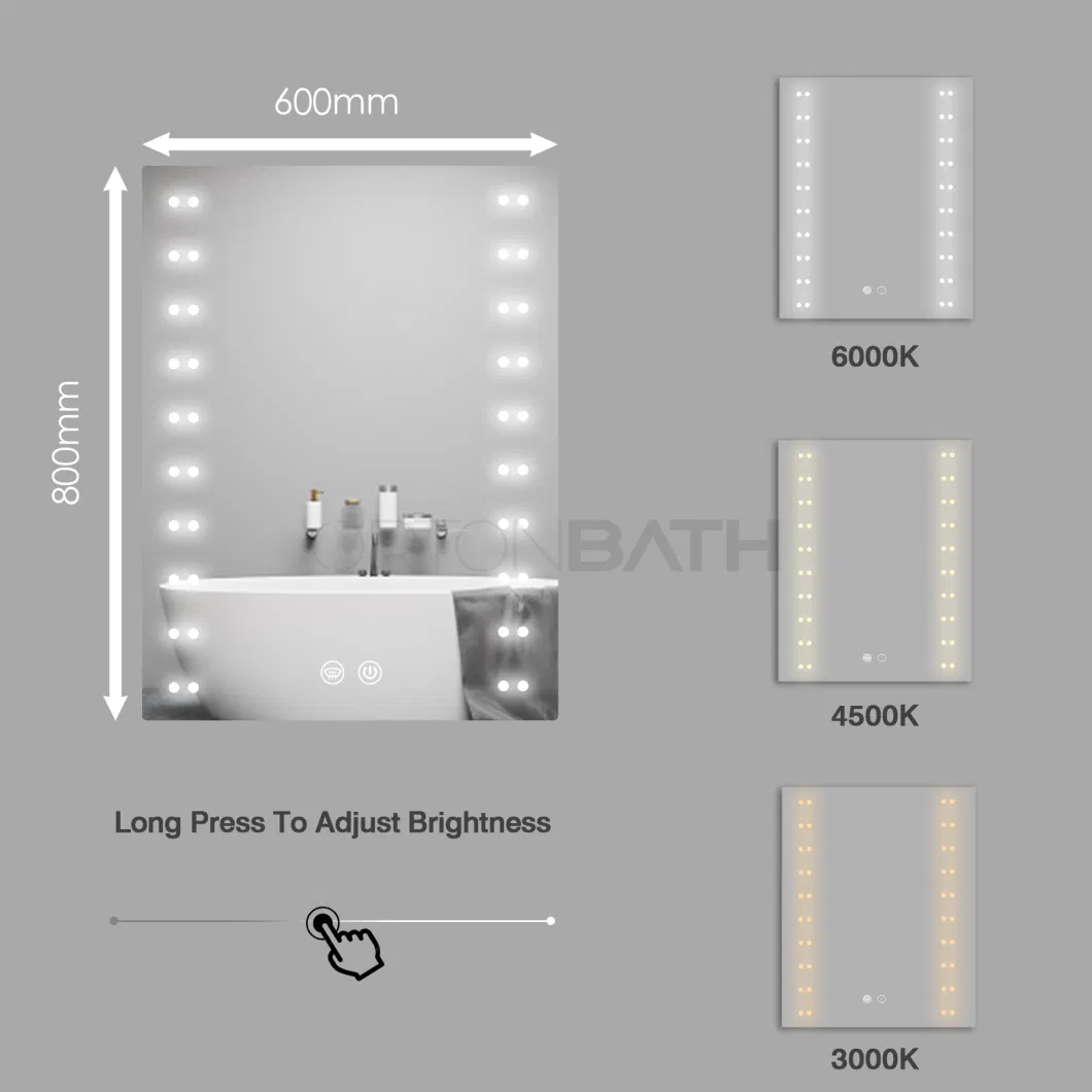 Ortonbath Frameless Frontlit Bathroom LED Mirror Wall Mounted Bathroom Mirrors with LED Light Horizontal/Vertical Anti-Fog Makeup Mirror with Scattered Light