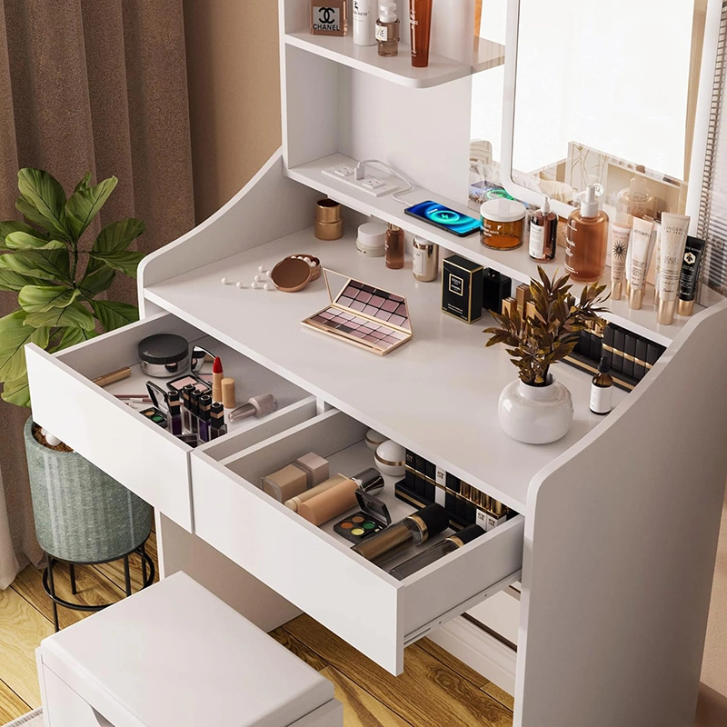 Desk with LED Light Mirror and Charging Station, Vanity Set with 4 Storage Shelves 2 Drawers, Vanity Table