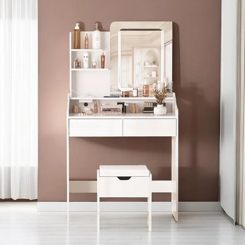 Desk with LED Light Mirror and Charging Station, Vanity Set with 4 Storage Shelves 2 Drawers, Vanity Table