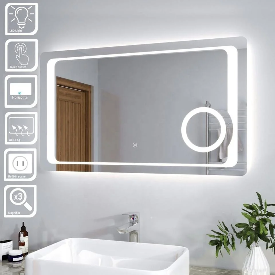 Touch Screen Bathroom Mirror with Lens Bath LED Smart Mirror Light Bathroom Mirror Wall