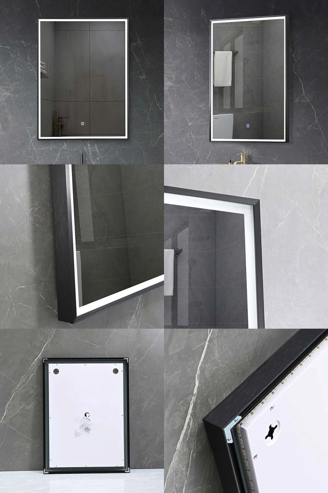 Rectangular Ultra Slim Matte Black Metal Frame Edge Lit Illumiated Makeup Bathroom Mirror