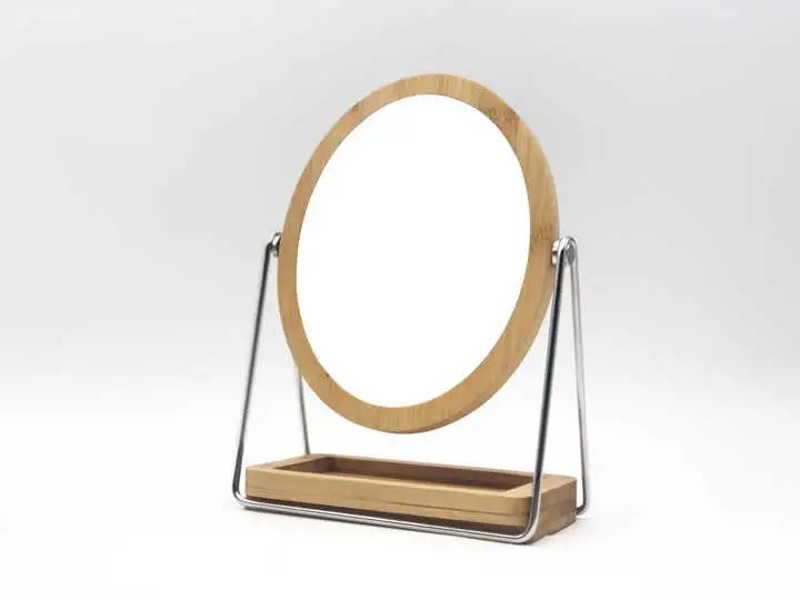 Bamboo Wood Frame Magnifying Hand Decorative Desk Face Make up Mirror