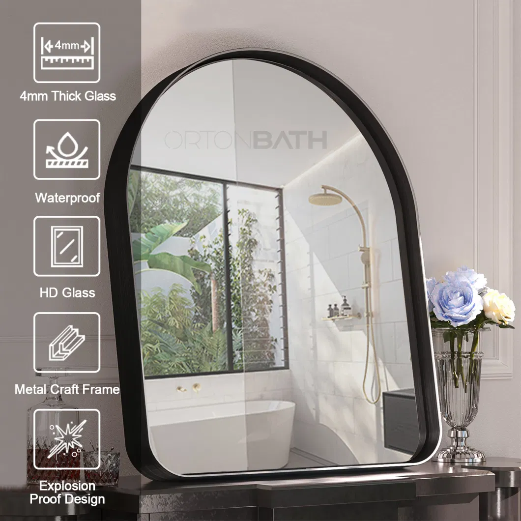 Ortonbath Round Corner Arched Wall Mounted Hanging Mirror for Bathroom with Brushed Black Metal Frame Vanity Arch Mirror for Bathroom