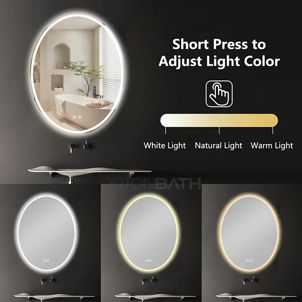 Ortonbath Frameless Oval Bathroom Mirror with Lights, Wall Mounted Mirror, Anti-Fog and Explosion-Proof, Large Vertical LED Makeup Mirror