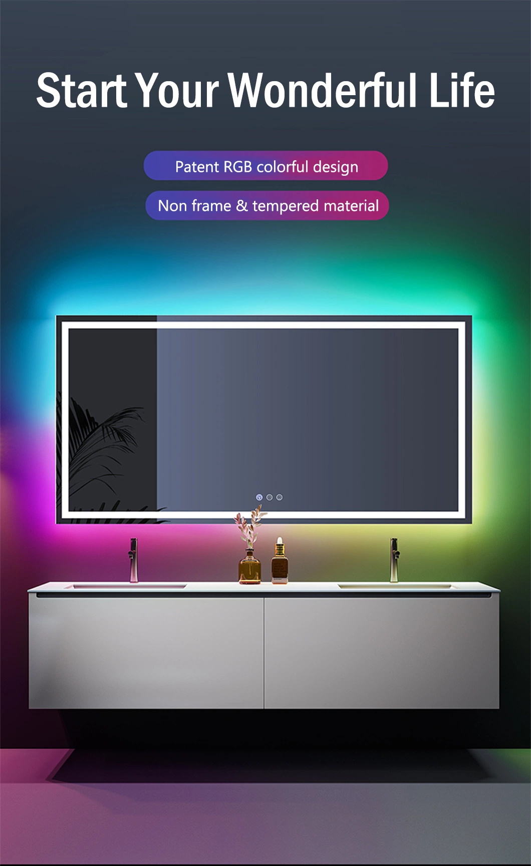 Backlit Rectangle Bathroom RGB LED Color Changing Mirror Frameless Bluetooth Music Smart Wall Mirror