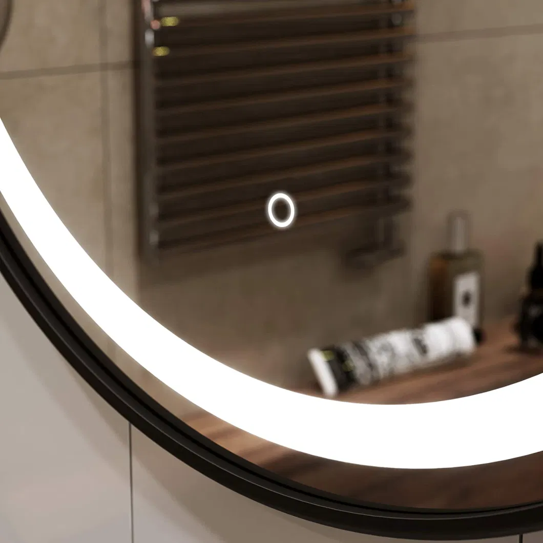 Black Steel Frame Factory Customized Round LED Lighting Bathroom Mirror