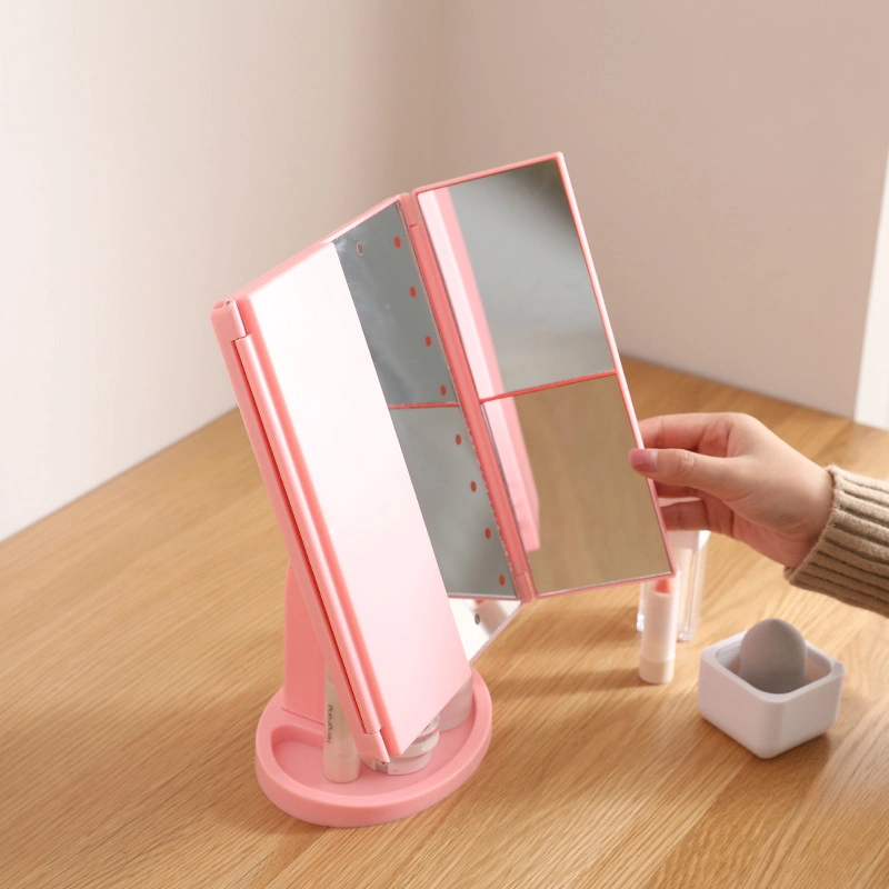 Three-Fold Beauty Mirror with Light Mirror Magnifying Light LED Makeup Mirror Desktop Storage Vanity Mirror