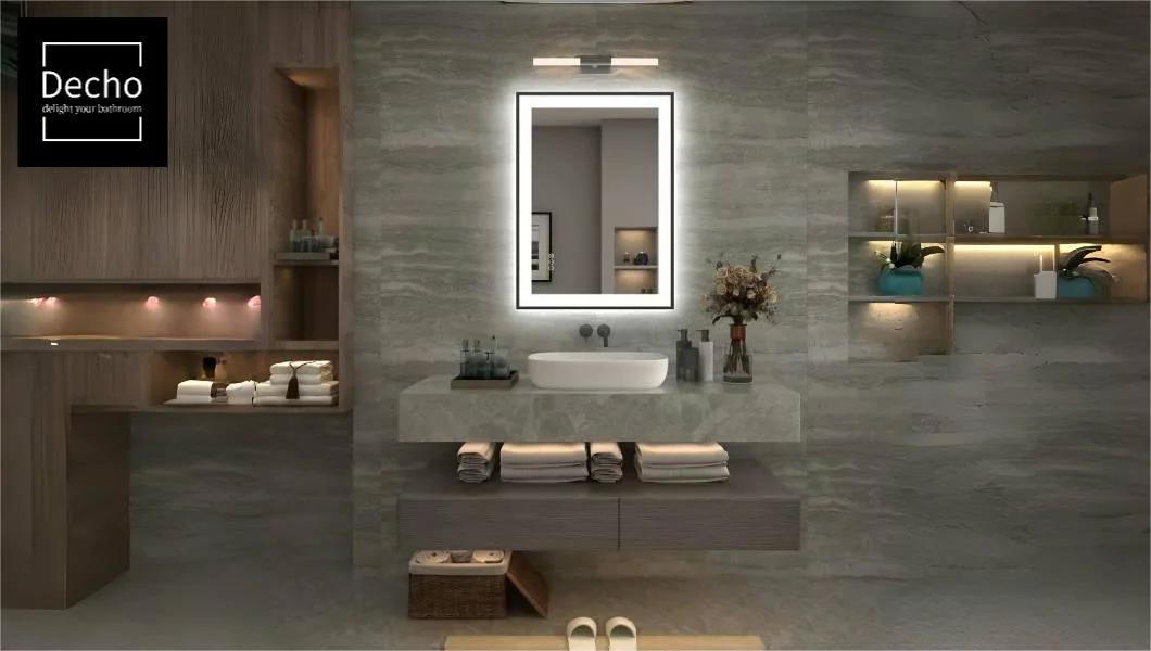 Decorative Rectangular Matte Black Metal Frame Edge Light Bathroom Smart Mirror with Touch Screen