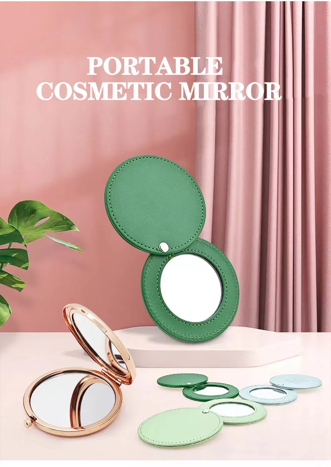 Round PU Mirror Mini Hand-Held Cosmetic Tool Makeup Mirror Travel Pocket Beauty Mirror