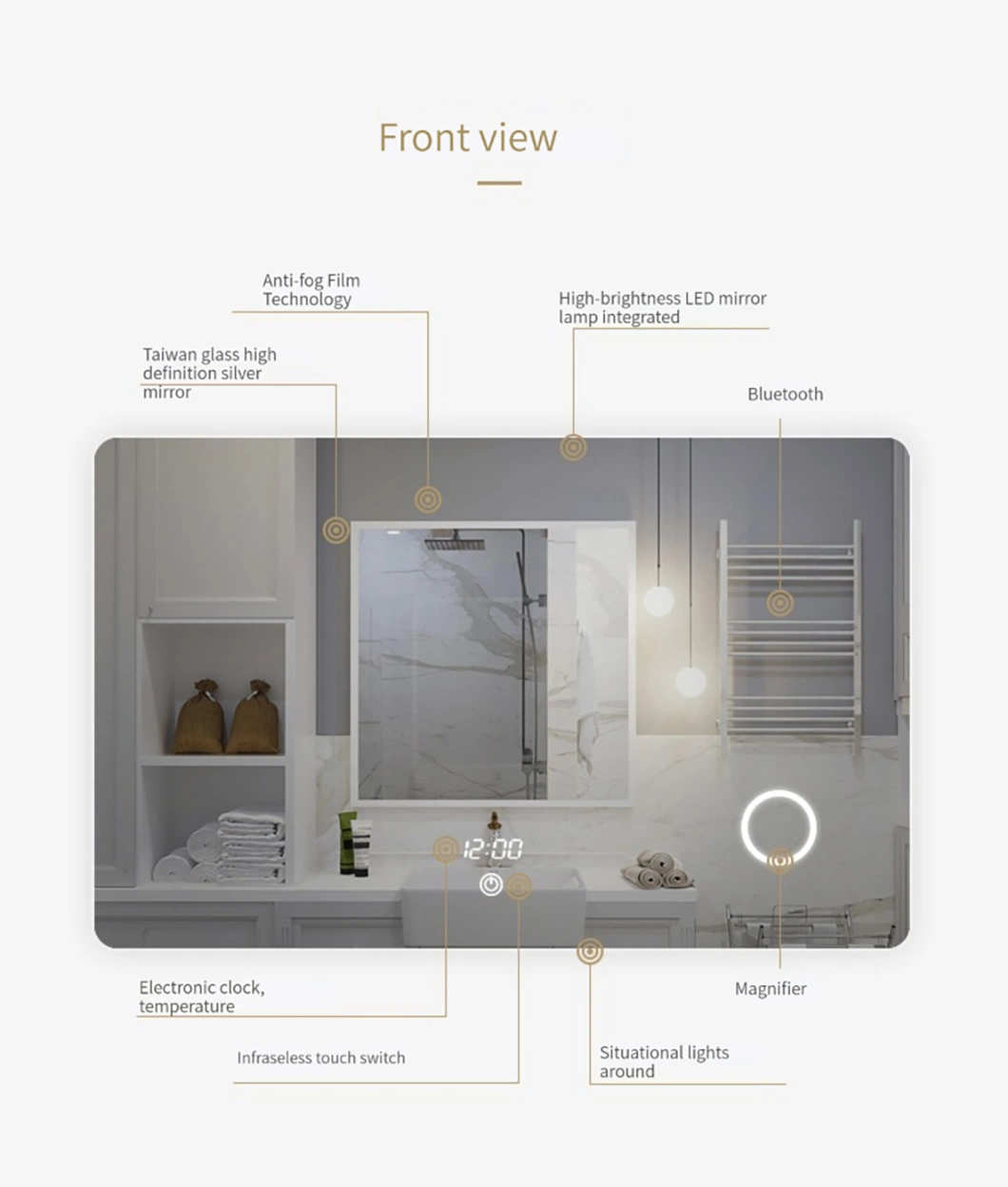 Factory CE/UL 2022 Hotel LED Smart Mirror Anti-Fog Touch Switch Lighted Illuminated Backlit Bluetooth Speaker Wall Furniture