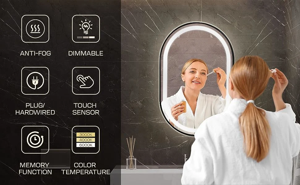 LED Bathroom Mirror, Vanity Mirror with Lights, Anti-Fog, Dimmable, Memory Function, 3 Colors Temperatures