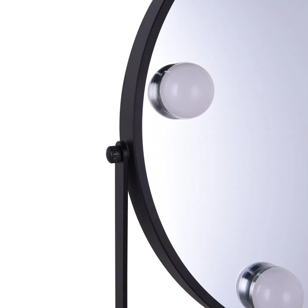 Black Round Shape LED Lighted Tabletop Makeup Mirror with 5 Bulbs