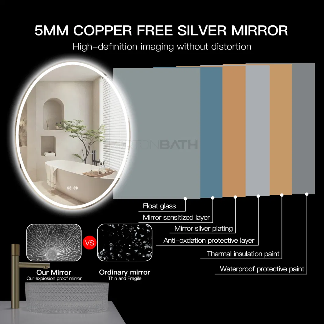 Ortonbath Frameless Oval Bathroom Mirror with Lights, Wall Mounted Mirror, Anti-Fog and Explosion-Proof, Large Vertical LED Makeup Mirror