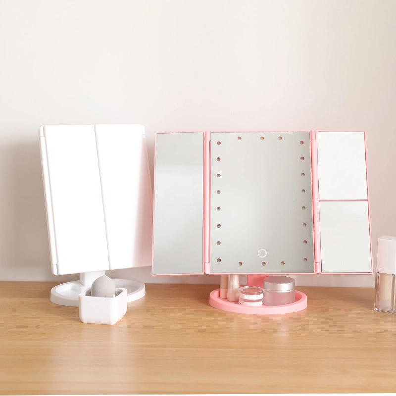 Three-Fold Beauty Mirror with Light Mirror Magnifying Light LED Makeup Mirror Desktop Storage Vanity Mirror