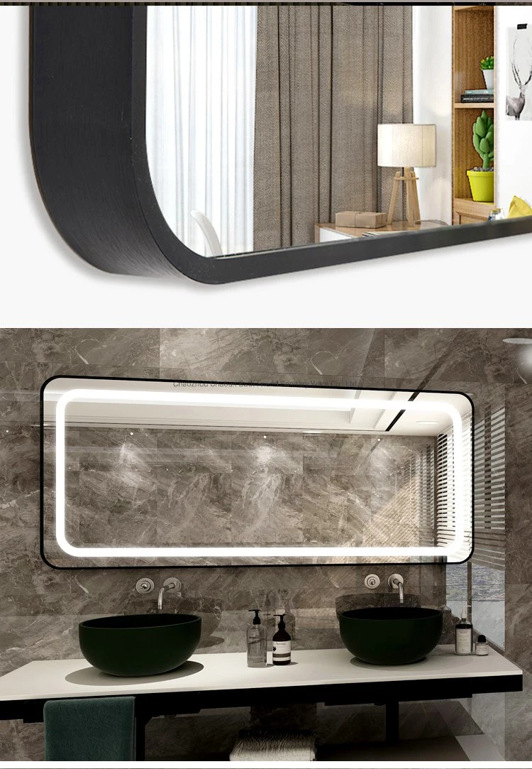 Wholesale Rectangle Black Border Mirror Anti Fog Bathroom with Gold Frame Wall Hung Make up LED Mirrors